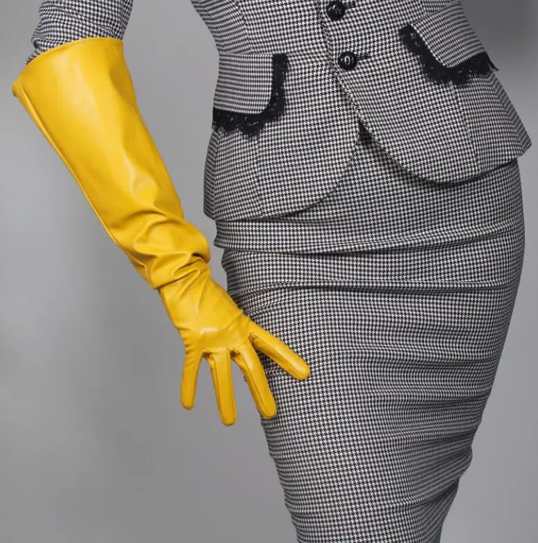 50cm wide sleeve Женская мода желтого цвета сексуальная тонкая искусственная Перчатка из искусственной кожи Дамская Клубная представление Вечерние кожаные короткая перчатка 21 см R2092 - Цвет: 50cm wide sleeve