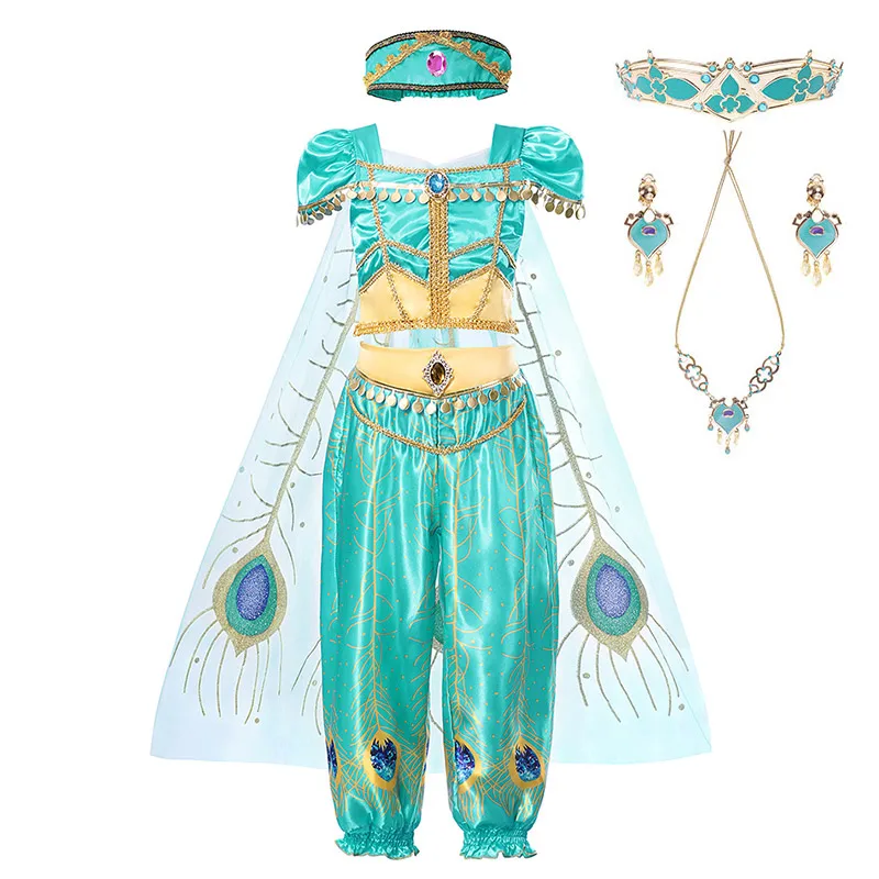 Jasmine Set A 4 шт. принцесса одежда Jasmine Комплект для девочки Топ Брюки повязка на голову Тюлевая накидка ребенок Алладин Косплей Вечерние наряды танец живота одежда - Цвет: Jasmine Set A