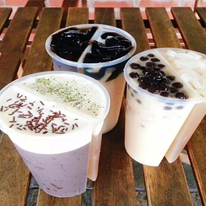 

15pcs Net red double grid share cup milk tea cups creative juice ice cream cup party dessert cups drinking plastic cup with lids
