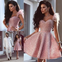elegant pink short party cocktail dresses ball gown evening dress sweetheart spaghetti sequins beads mini homecoming prom gowns