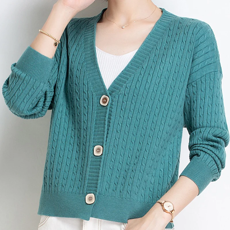 Женский укороченный кардиган на пуговицах повседневный вязаный тонкий свитер с