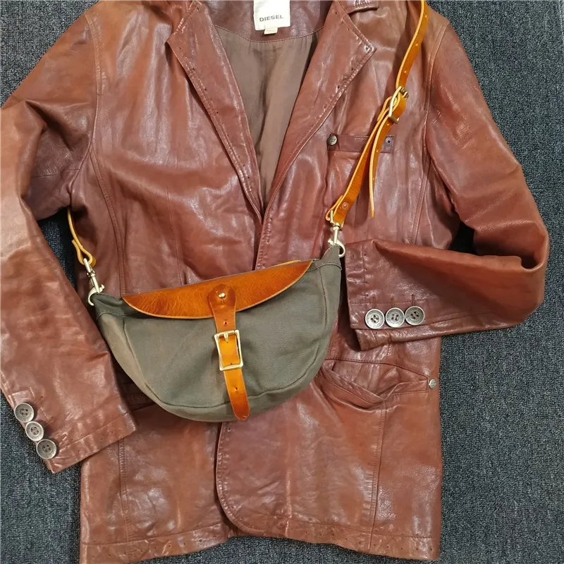 Shoulder Messenger Bag Retro Waist Bag Handbag Couple Vegetable Tanned Leather Oil Wax Canvas Copper Hardware Leisure