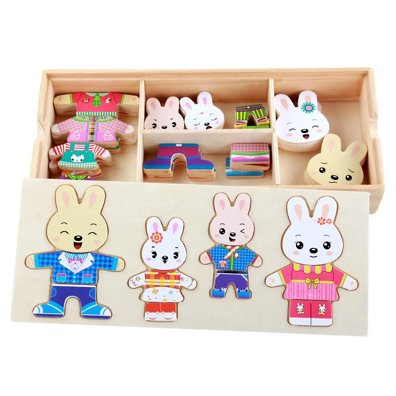 

72pcs Cartoon 4 Rabbit Bear Dress Changing Jigsaw Puzzle Wooden Toy Montessori Educational Change Clothes Toys For Kids Gift