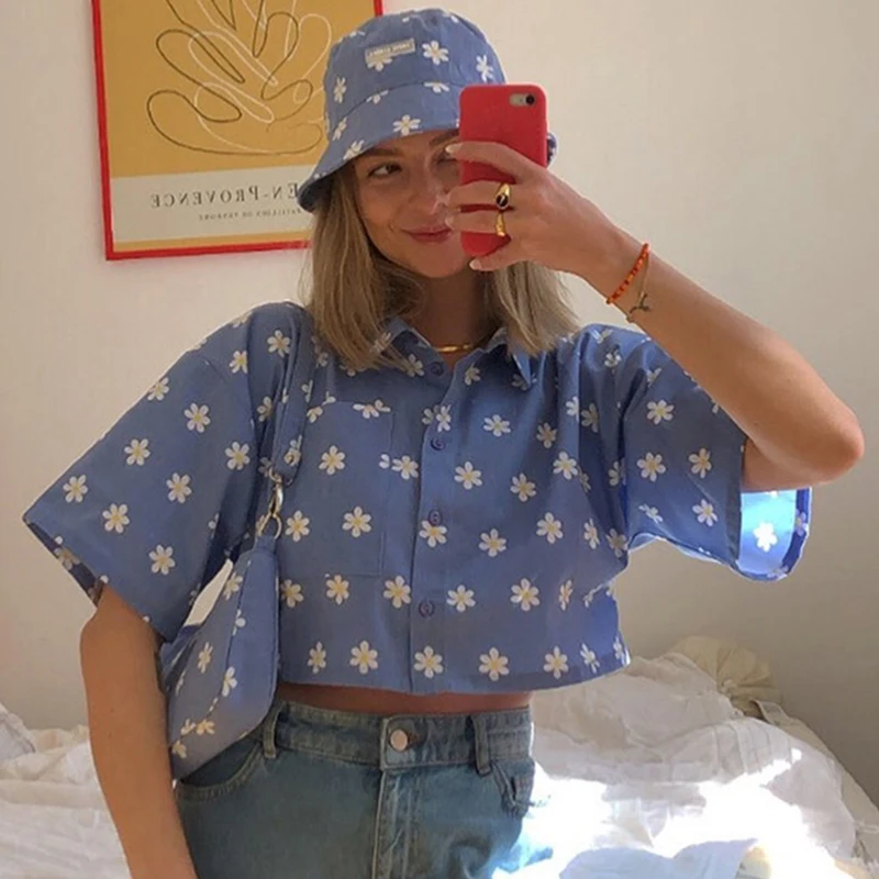 

Vintage Floral Print Crop Top Women 2021 Summer Turn Down Collar Short Sleeve Tee Shirts Femme Cute Casual Streetwear Tops Chic