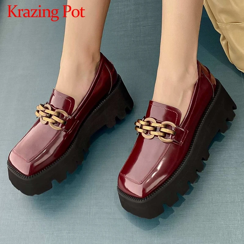 

Krazing Pot large size full grain leather chain decorations thick bottom square toe high heel slip on superstar women pumps L32