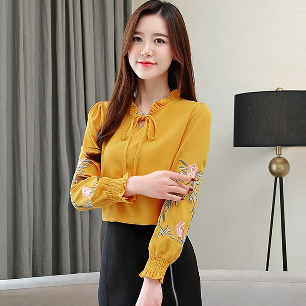 Женские топы размера плюс с цветочной вышивкой шифоновая блузка рубашка модные