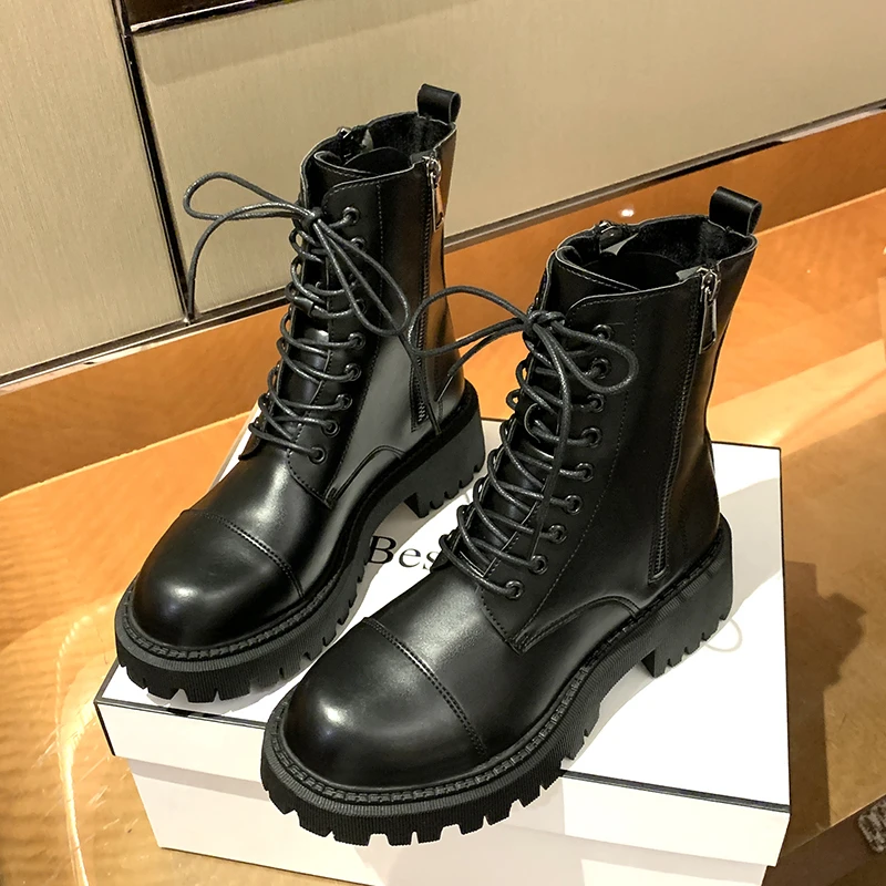 

Fashion Woman Martin Boots Genuine Leather Round Toe Thick Heel Knight Boots Winter Platform Shoes Ankle Boots for Women