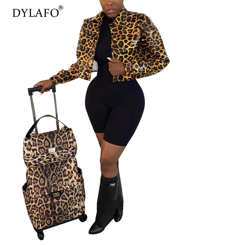 Женская укороченная куртка из ПУ кожи с леопардовым принтом|Женские куртки| |