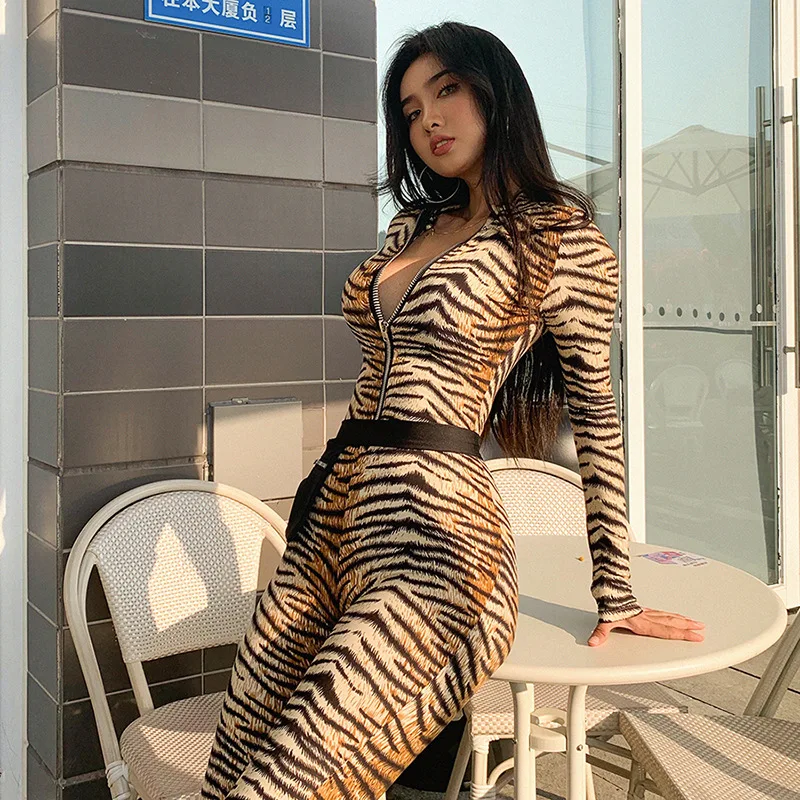 Женский комбинезон с длинным рукавом и молнией принтом тигра|Женские