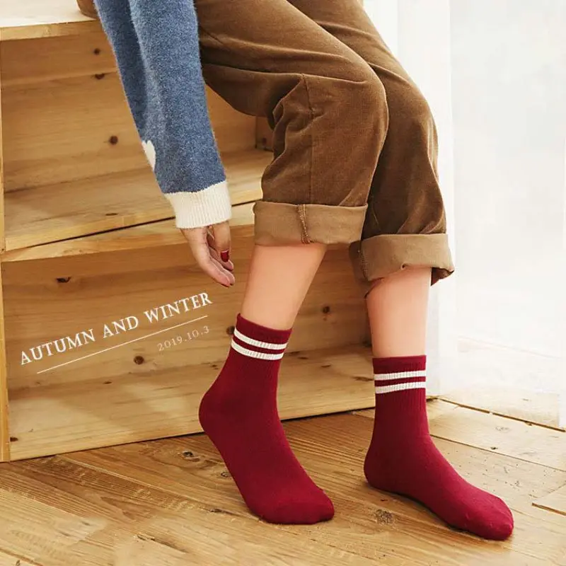 Женские чулки Осенние параллельные полосатые хлопковые Ретро стиль средняя