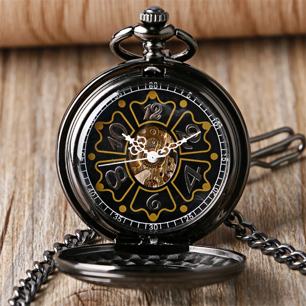 Black Five-pointed Stars Display Mechanical Hand-Wind Pocket Watch Arabic Numerals Dial Pendant Manual Mechanism Pocket Clock