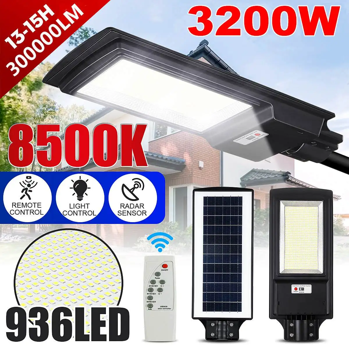 3200 Вт Светодиодный уличный фонарь на солнечной батарее IP65 436/936LED 8500K радар Датчик