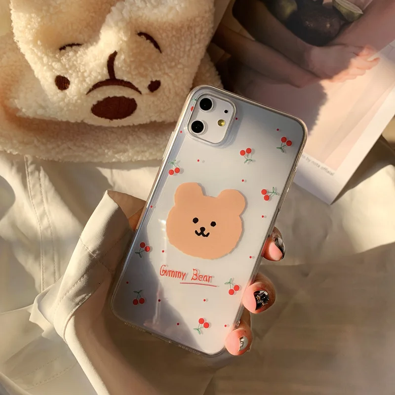 retro cherry bear letters couples cute phone case for iphone 13 12 11 pro xs max xr case silicone cover for iphone 7 8 plus case free global shipping