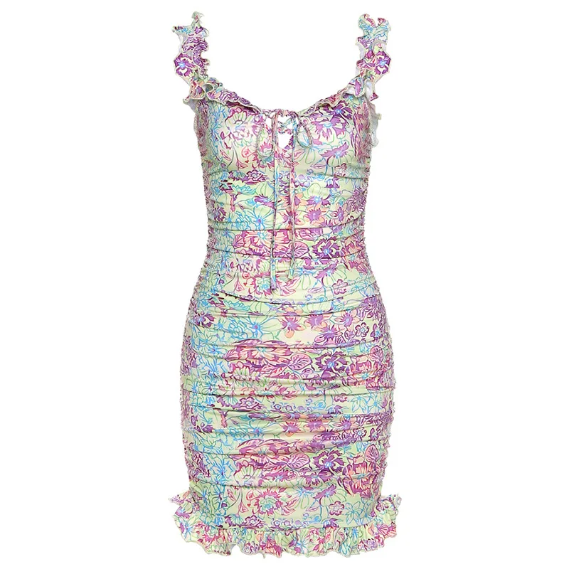 

Summer Dress Women's Strappy Print Folds Slim Sexy Dress Spaghetti Strap Casual Fashion Elegant Women Clothing 2021 Maxi Dress
