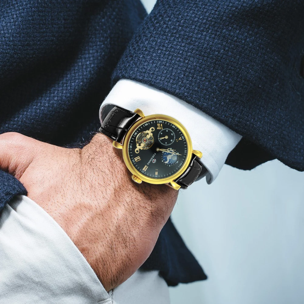 

FORSINING Royal Tourbillon Automatic Watch Men Sun Moon Display Mens Mechanical Watches Top Brand Luxury Dress Leather Clock NEW
