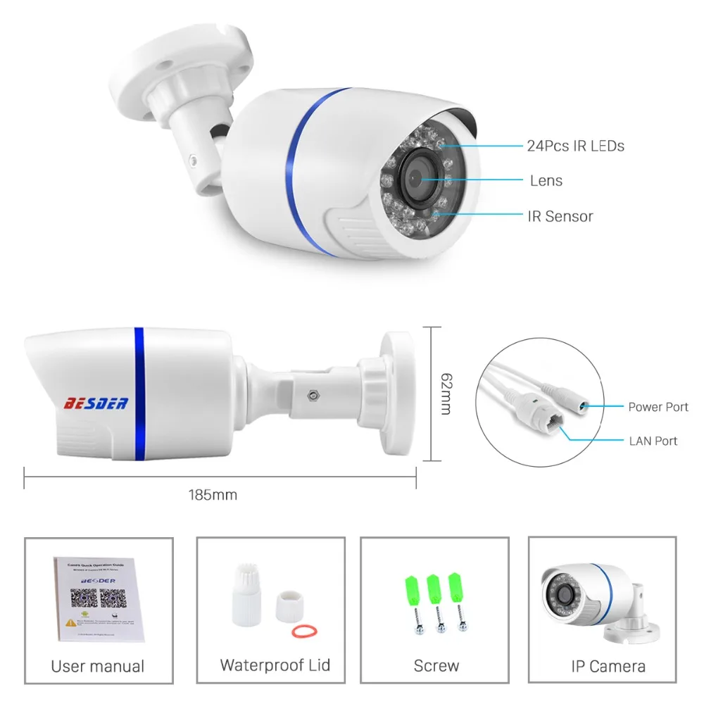 

BESDER H.265 HD 2MP/ 3MP/ 5MP Security IP Camera SONY IMX335 ABS Plastic Outdoor Audio Camera IP DC12V / 48V PoE Waterproof IPC
