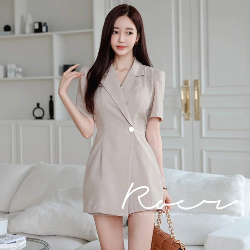 

Summer Bodysuit Women Korean Elegant Office Casual Playsuit Notched Collar Short Sleeve Vintage Party Overalls High Waist C172