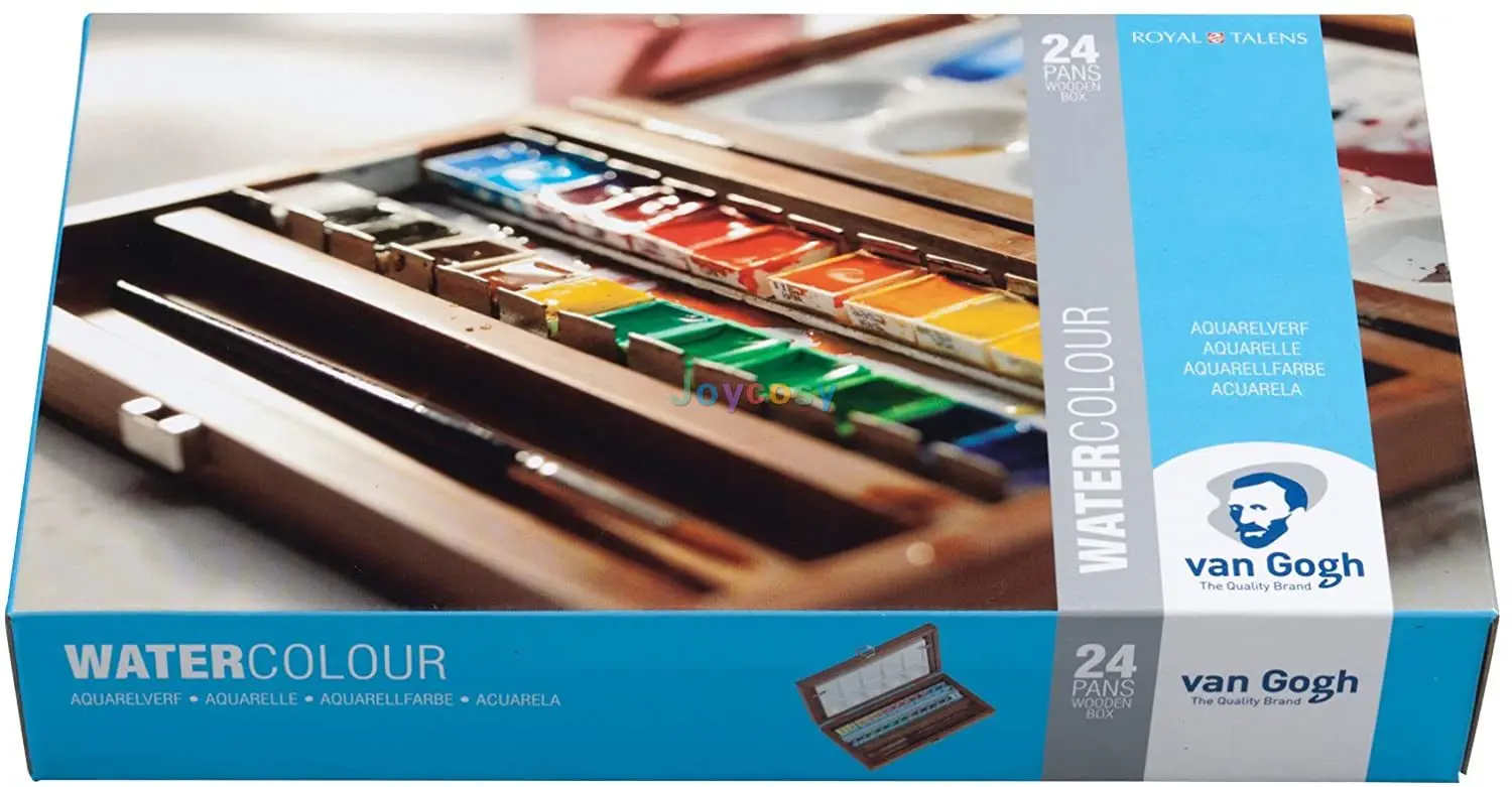 Van Gogh Artist Watercolor Paint Set Deluxe Wood Box 24-Half Pan 3 Accessories Include Mixing Palette and 2 Brushes |