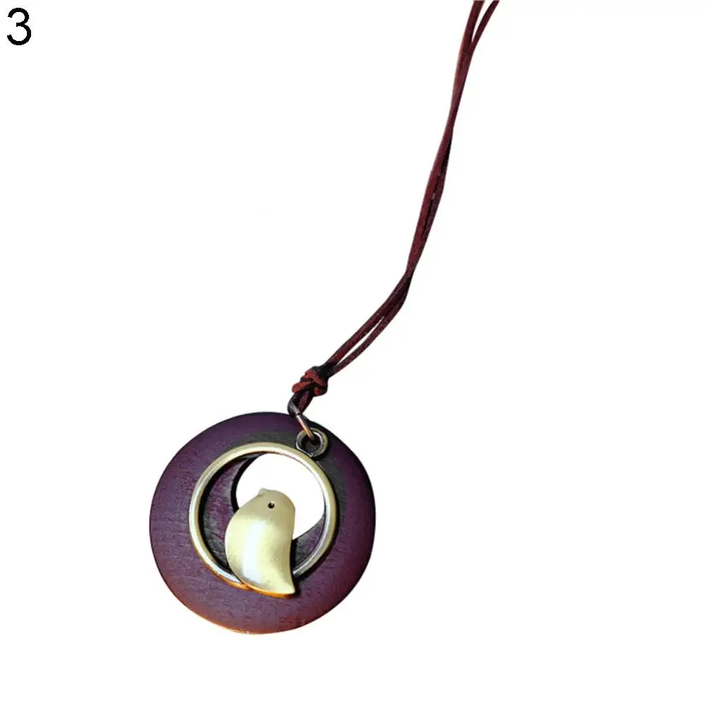 

70% Hot Sell Women Ethnic Cute Bird Hollow Wooden Circle Pendant Sweater Necklace Jewelry