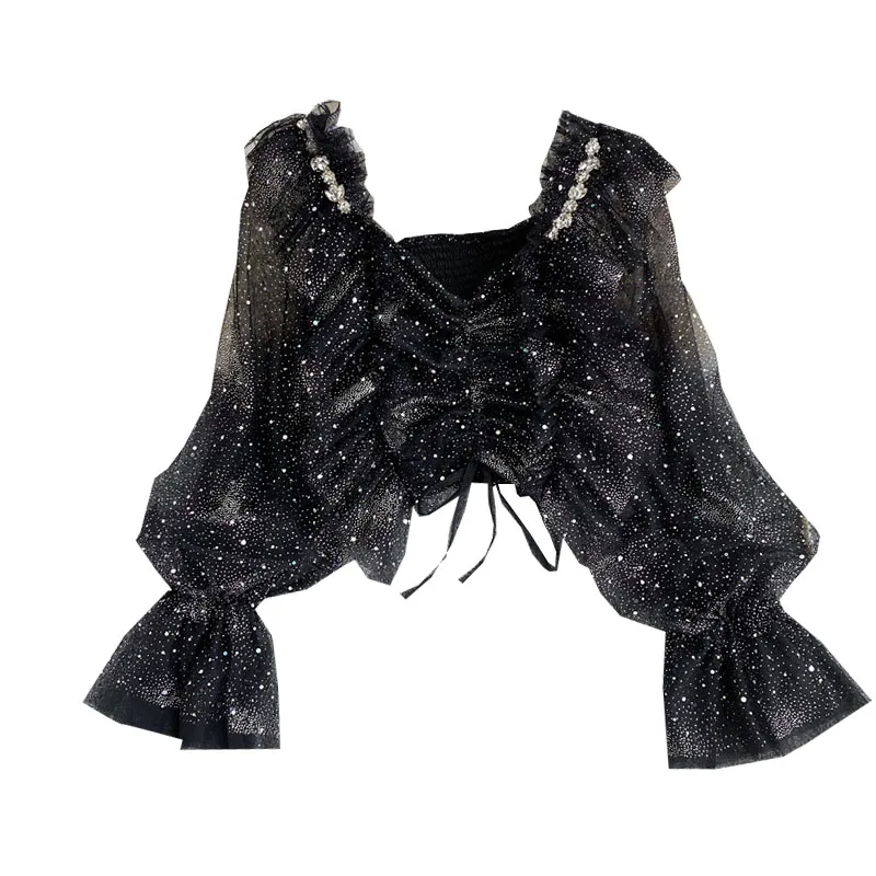 

Women Square Collar Mesh Chiffon Blouse Autumn Sweet Super Fairy Pleated Drawstring Short Shirts Ruffled Top Female Blusa GX1081