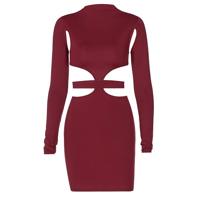 

Spring and summer 2021 women's solid color hollow sexy European and American dress temperament sexy long-sleeved tight skirt