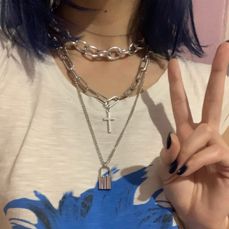Vintage Punk Chain Necklace with Layered Grunge Aesthetic & Cross Pendant for Women and Men - Lock Choker Chains Goth Accessory image 3