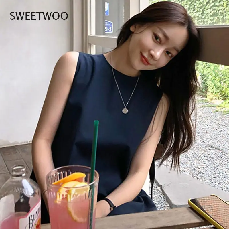 Jumpsuits&Rompers Rompers&Playsuits Chic Summer Minimalist All-match O Neck Sleeveless Tank Split Vintage Casual Mini Loose