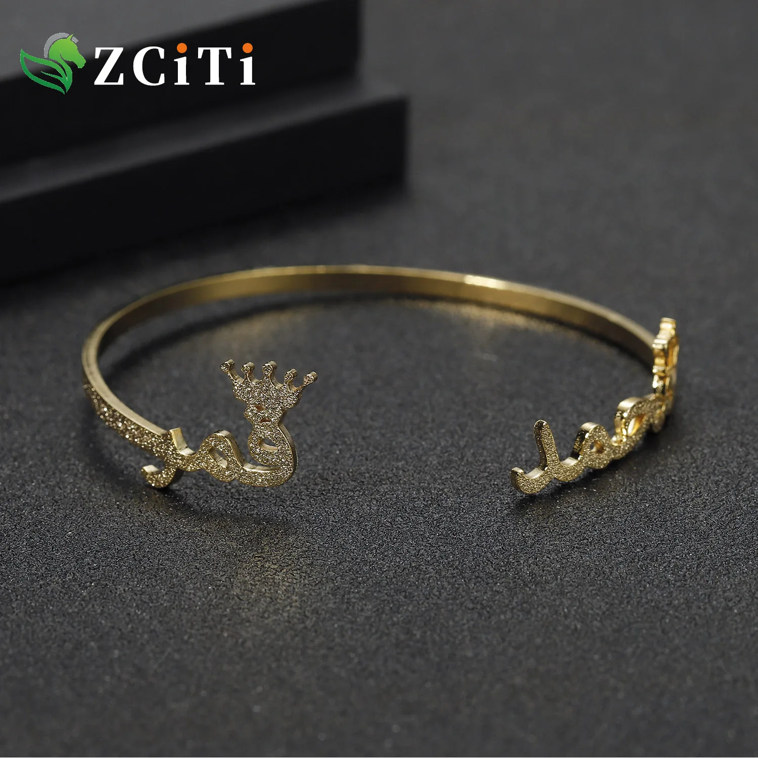Personalized Light Plated Frosted Crown Arabic Name Bangles & Custom Name Bracelet for Women Party Stainless Steel Jewelry Gift