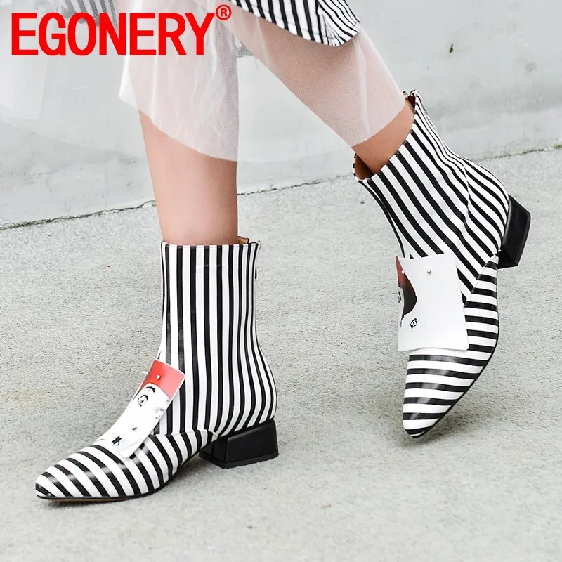 EGONERY Women Shoes Winter New Fashion Pointed Toe Genuine Leather Ankle Boots Women Mid Heels Plus Size Zip Shoes Drop Shipping
