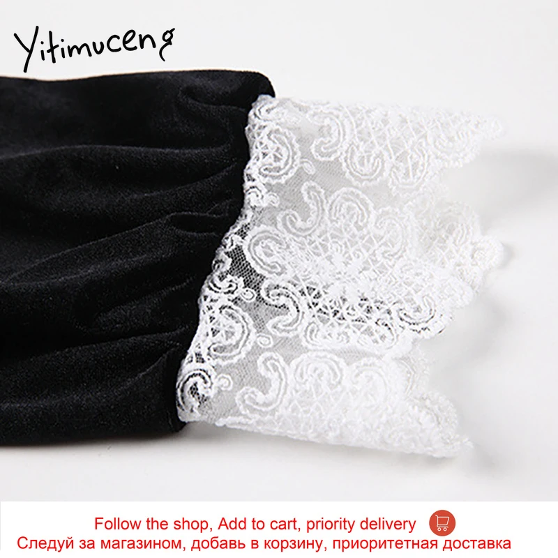

Yitimuceng Vintage Blouse Women Ruffles Lace Button Up Shirts V-Neck Long Sleeve Black Clothes 2021 Spring Fashion New Tops