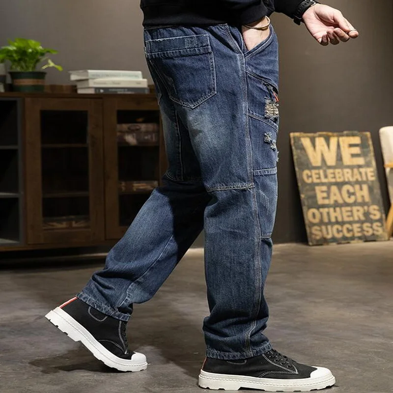 Men Jeans Straight Slim Trendy Personality Stitching Diagonal Pockets  Baggy Denim Pants