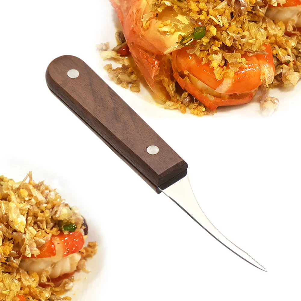 

Multifunctional Seafood Cutter Kitchen Tool Remove Lobster Cleaner Shelling Line Shrimp Removing Knife with Wooden Handle