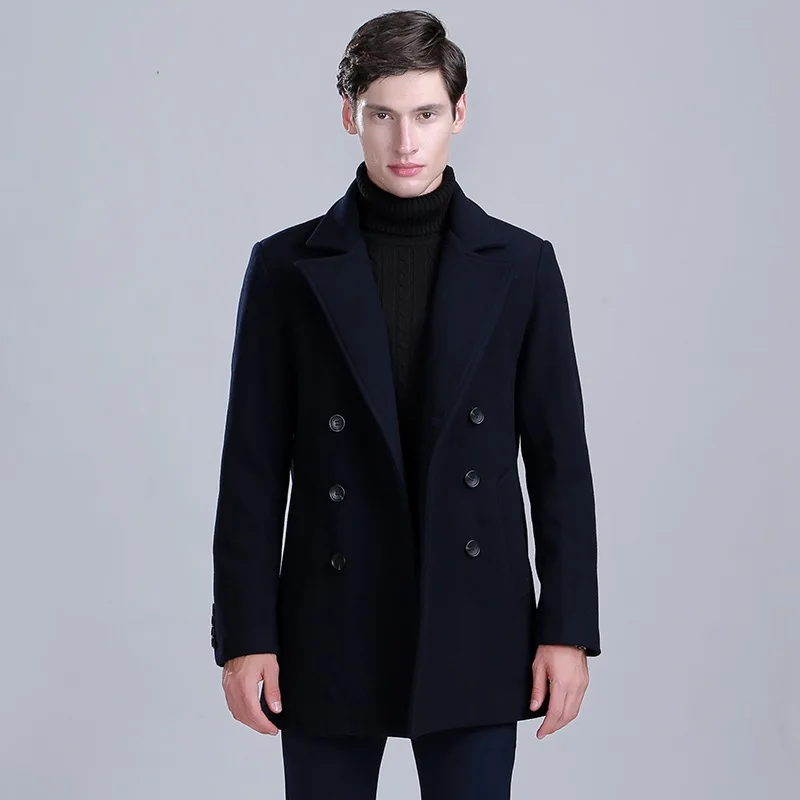 Мужское шерстяное пальто на пуговицах двубортное темно-синего и черного цвета