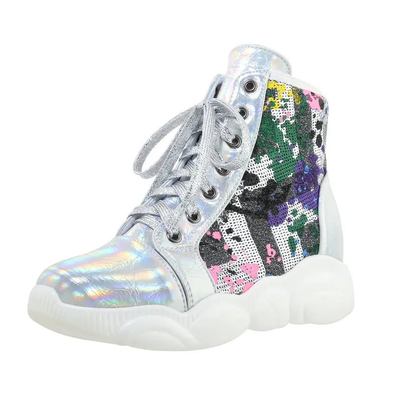 

2020 winter keep warm fashion lace up women boots flat heel round toe platform ladies shoes comfortable bling ankle boots