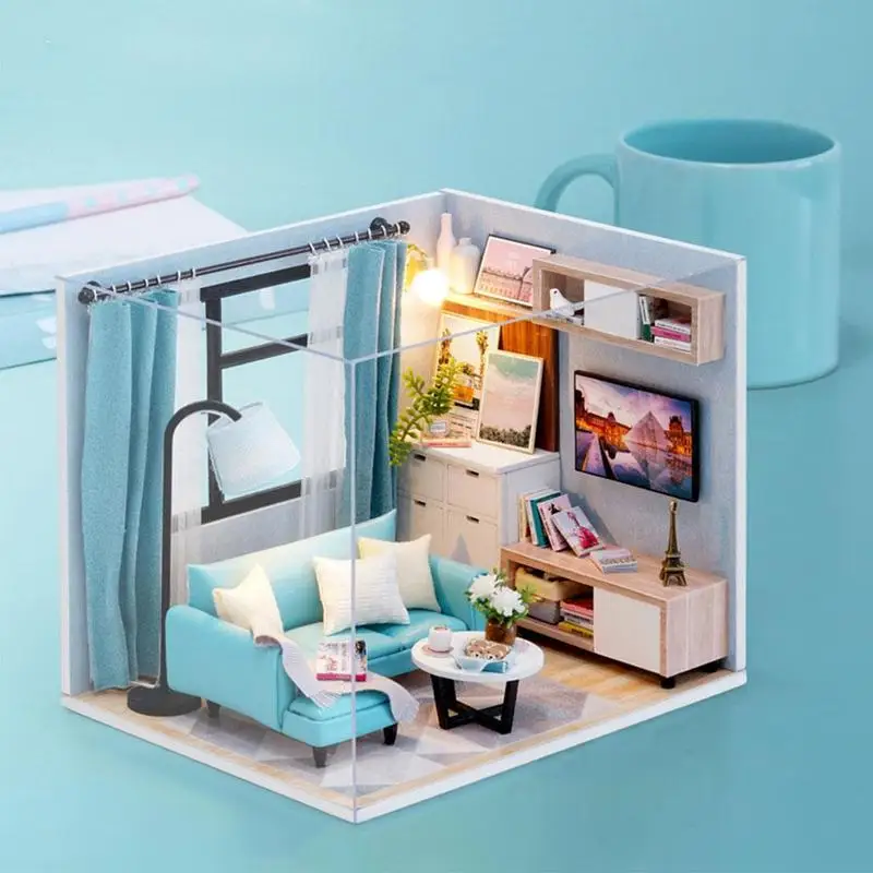 

Mini Wooden House Miniature Dollhouse Furniture with LED Light DIY Toy Manual Kit Assembly Model House Model
