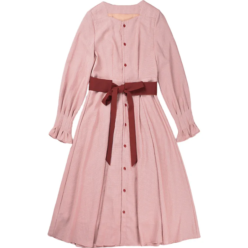 

Long Sleeve Soild Square Collar Dress Mori Girl Temperament Dresses Women Fall French Vintage High Waist Fairy Pink Long Dress