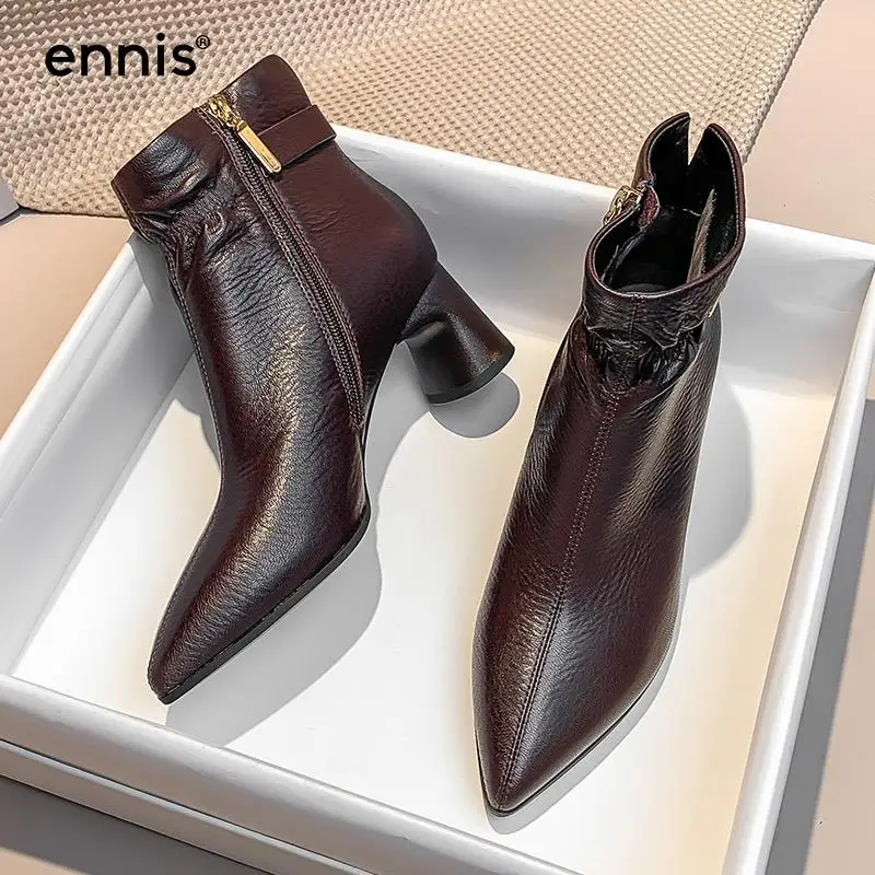 

ENNIS Autumn Winter Women Boots Genuine Leather 2021 Fashion Pointed High Heels Shoes Black Brown Ankle Boots Zipper Retro Boots
