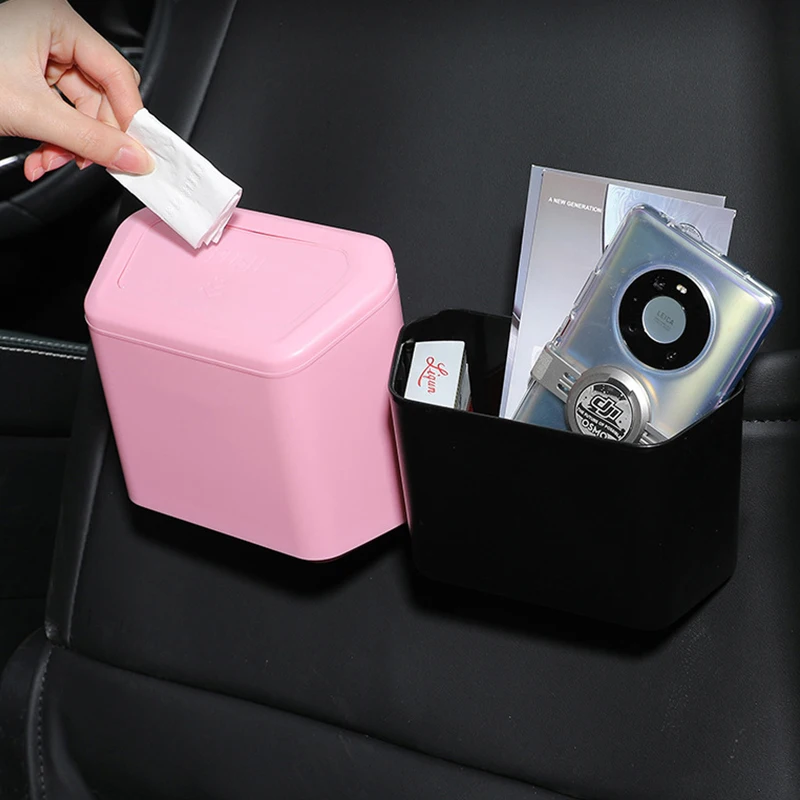 

PP Car Trash Bin Hanging Vehicle Garbage Dust Case Storage Box Black Square Pressing Type Trash Can