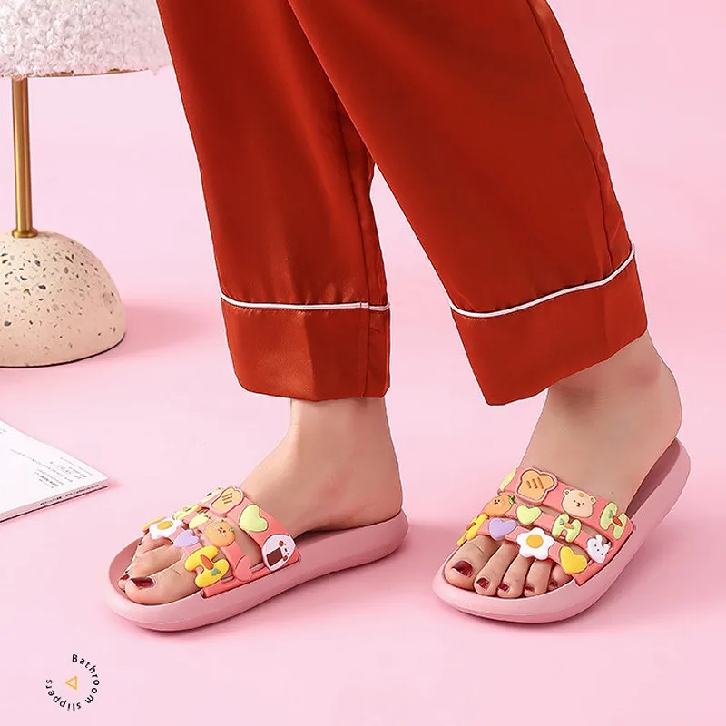 

Cute Women Men Slippers Summer Slides Cartoon Bear Fruits Home Indoor Thick Soled Sandals Ladies Couples Bathe Shoes Flip Flops
