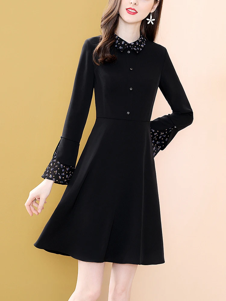 Женское платье с воротником Питер Пэн ONLY PLUS черное цельнокроеное трапециевидной