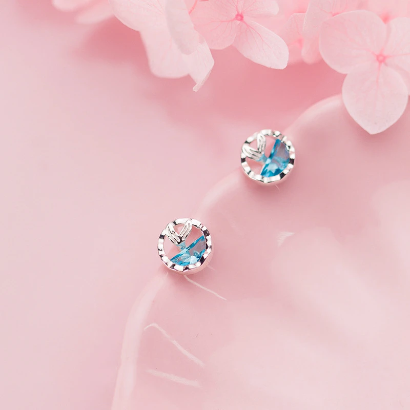 

925 Solid Sterling Silver Cute Blue Ocean Zirconia Crystal Fishtail Round Stud Earrings For Women Lady Girls Jewelry Gift