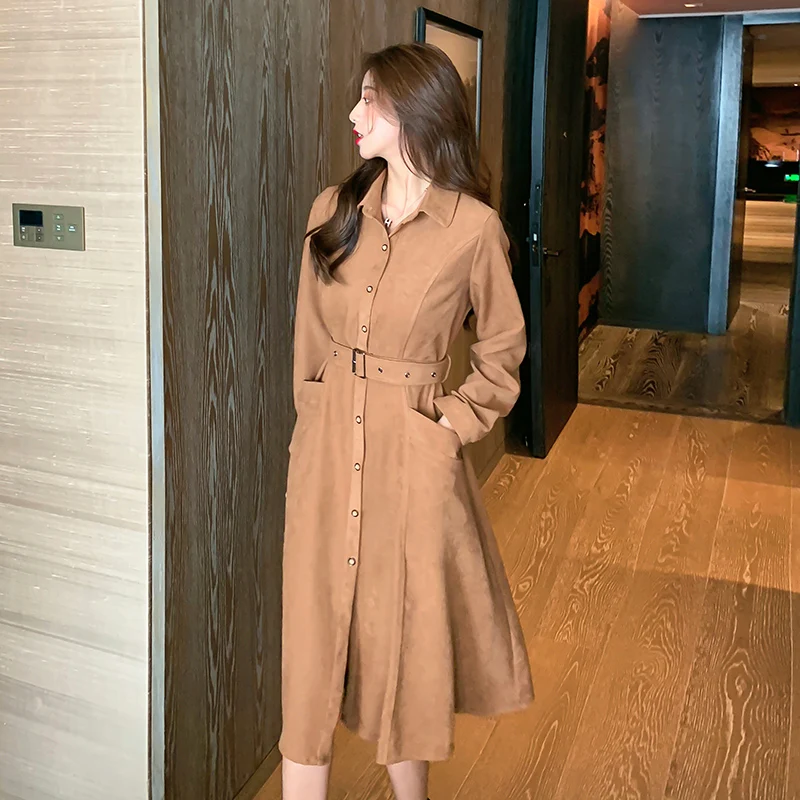 

Spring 2021 New Long Sleeve Dress Female Western Style Retro French Waist with Belt POLO Collar Solid Color Women Midi Dress