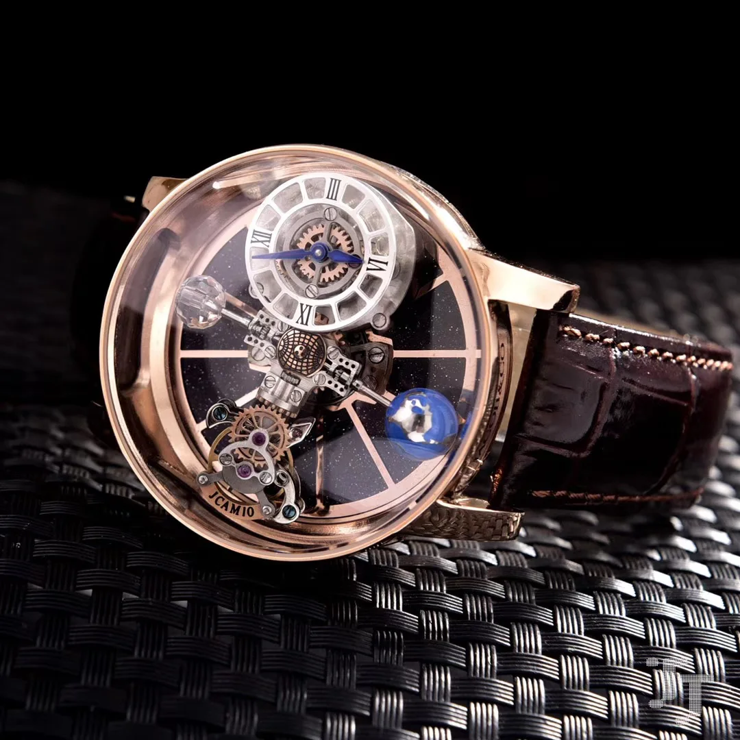 

Luxury Brand New Japanese Quartz Rose Gold Men Watch Runway European Designer Blue Black Leather Tourbillion Sapphire Ball Glass
