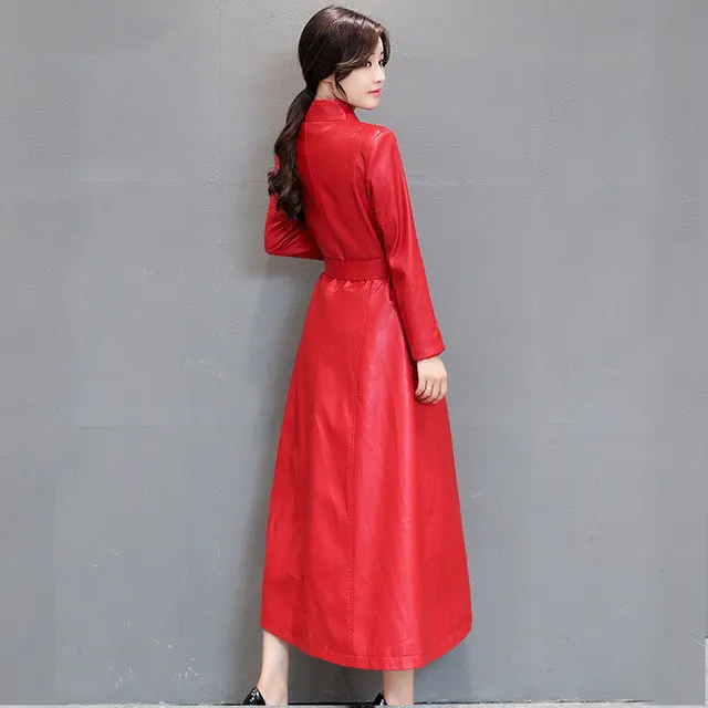 Женский Длинный плащ из искусственной кожи красный/черный с ремнем большой