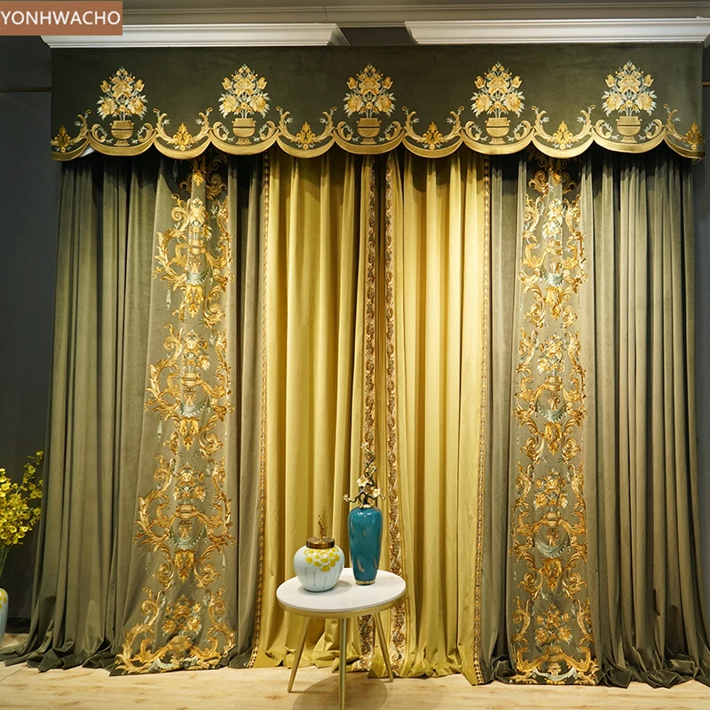 

Custom curtain luxury Villa duplex green velvet embroidered living room thick cloth blackout curtain valance tulle C406