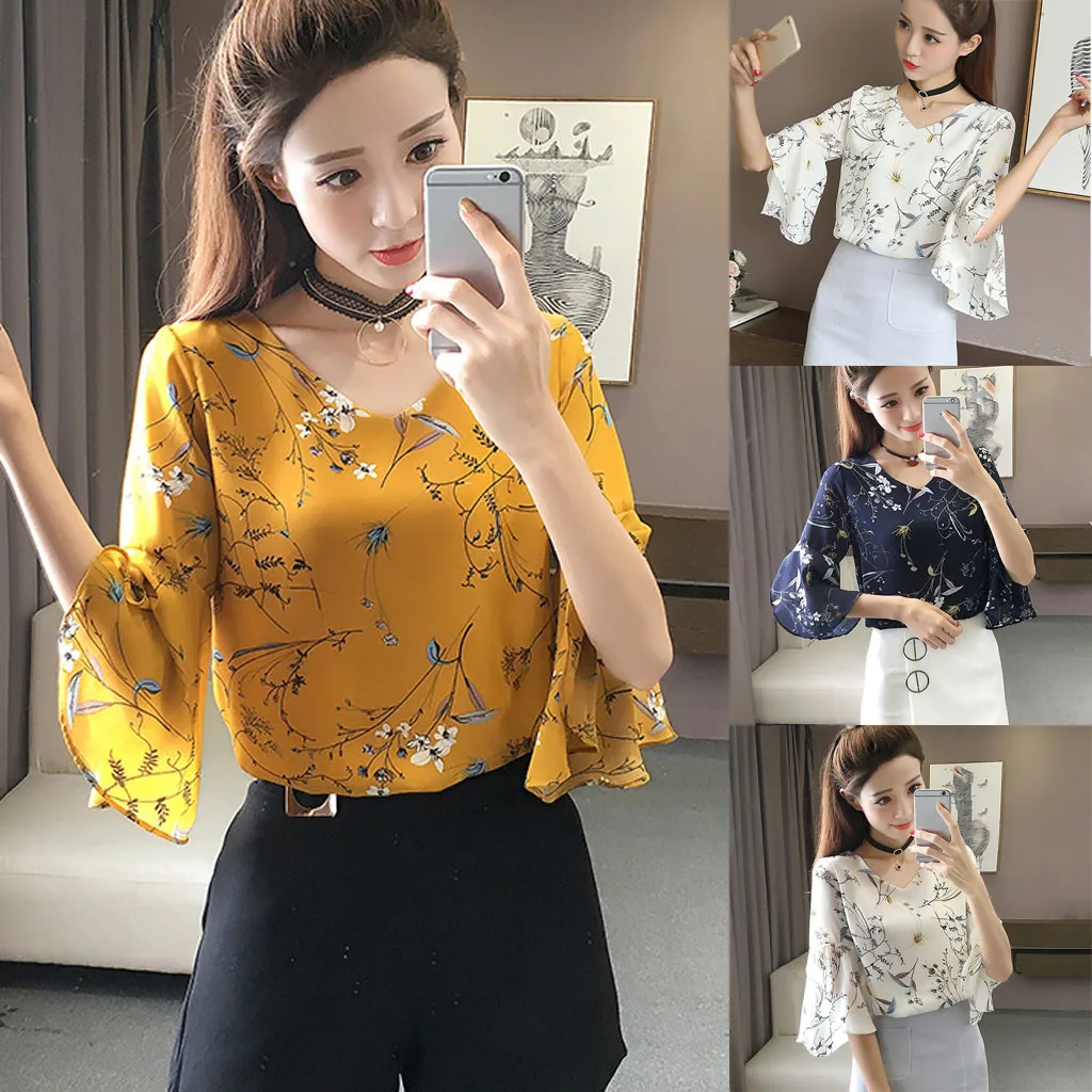 

Летний топ, блуза с v-образным вырезом с принтом свободного кроя с короткими рукавами Расклешенным рукавом шифон рубашка женская кофта модн...