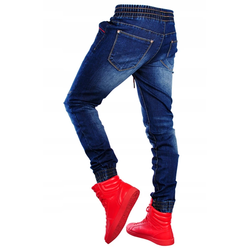 Синие облегающие джинсы для мужчин с эластичной резинкой на талии уличные брюки