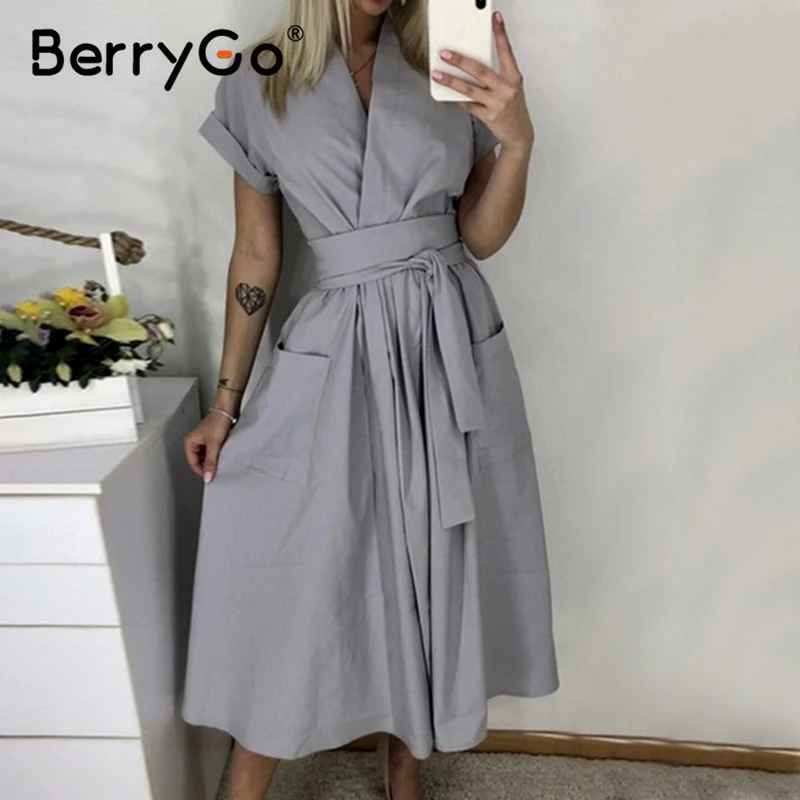 Женское Повседневное платье с поясом BerryGo офисное трапециевидной формы коротким