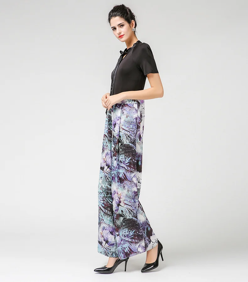 

VOA Spring Summer Plus Size Silk Women Jumpsuits High Waist Slim Wide Leg Pants Print Cool Office Lady Jumpsuit K7382
