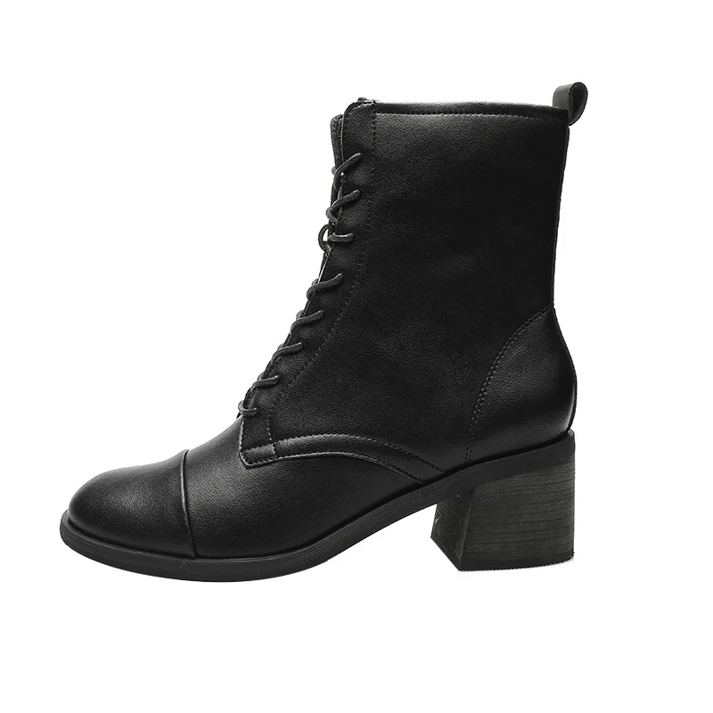 

Fashion Mid Heels Genuine Leather Boots Women Shoes 2021 Fall Winter Block Heel Platform Warm Ankle Boots All Match for Office